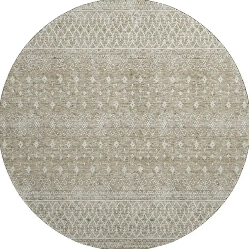 8' Taupe And Ivory Tribal Washable Round Rug With UV Protection Photo 4