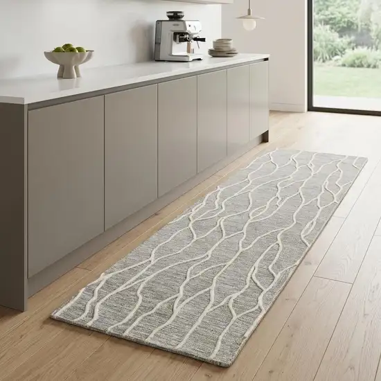 8' Gray And Ivory Wool Abstract Hand Tufted Runner Rug Photo 1
