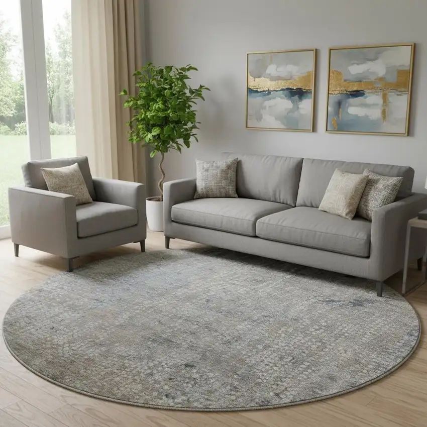 8' Taupe And Khaki Abstract Washable Round Rug With UV Protection Photo 2