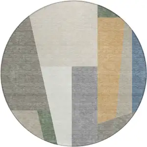 Photo of 8' Taupe And Olive Green Round Geometric Washable Indoor Outdoor Area Rug
