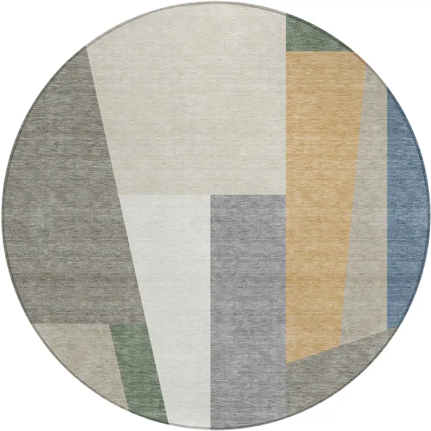 8' Taupe And Olive Green Round Geometric Washable Indoor Outdoor Area Rug Photo 1