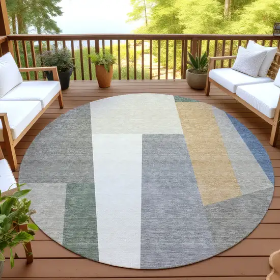 8' Taupe And Olive Green Round Geometric Washable Indoor Outdoor Area Rug Photo 4