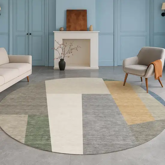 8' Taupe And Olive Green Round Geometric Washable Indoor Outdoor Area Rug Photo 5