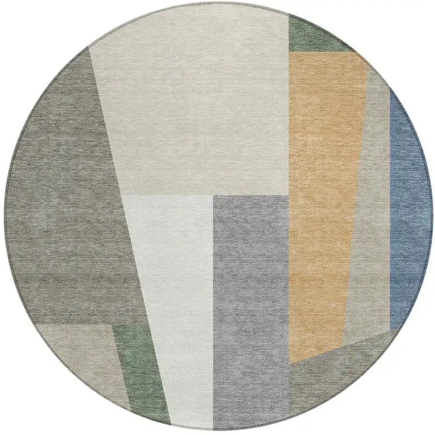8' Taupe And Olive Green Round Geometric Washable Indoor Outdoor Area Rug Photo 3