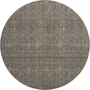 Photo of 8' Taupe And Olive Green Striped Washable Round Rug With UV Protection