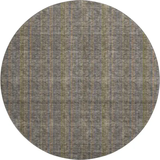 8' Taupe And Olive Green Striped Washable Round Rug With UV Protection Photo 1