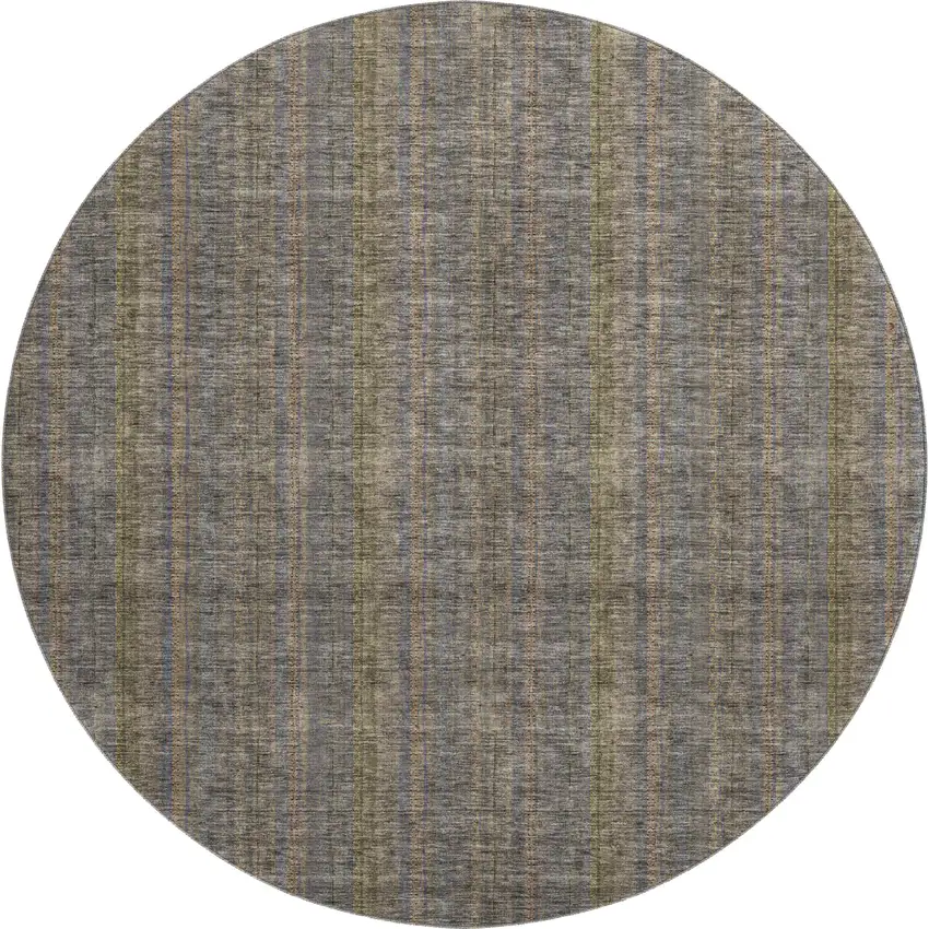 8' Taupe And Olive Green Striped Washable Round Rug With UV Protection Photo 1
