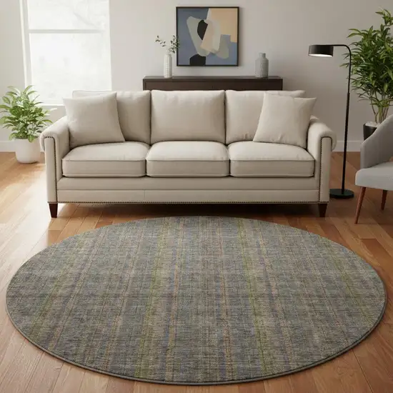 8' Taupe And Olive Green Striped Washable Round Rug With UV Protection Photo 2