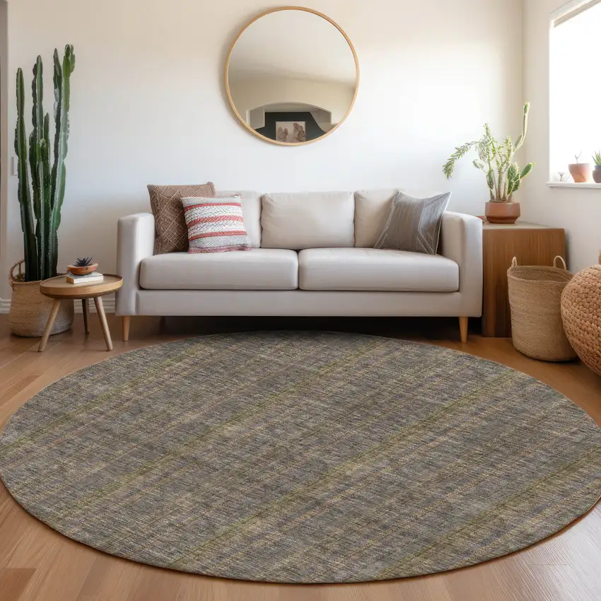 8' Taupe And Olive Green Striped Washable Round Rug With UV Protection Photo 3