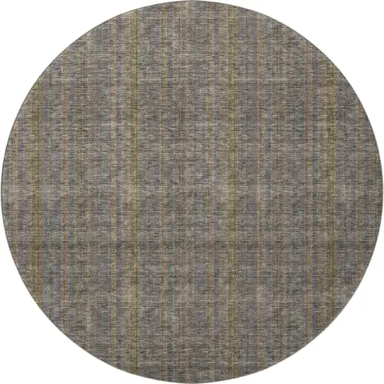 8' Taupe And Olive Green Striped Washable Round Rug With UV Protection Photo 3