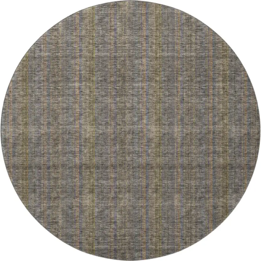 8' Taupe And Olive Green Striped Washable Round Rug With UV Protection Photo 3
