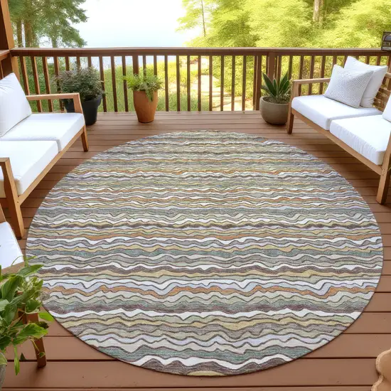 8' Taupe And Orange Round Striped Washable Indoor Outdoor Area Rug Photo 4