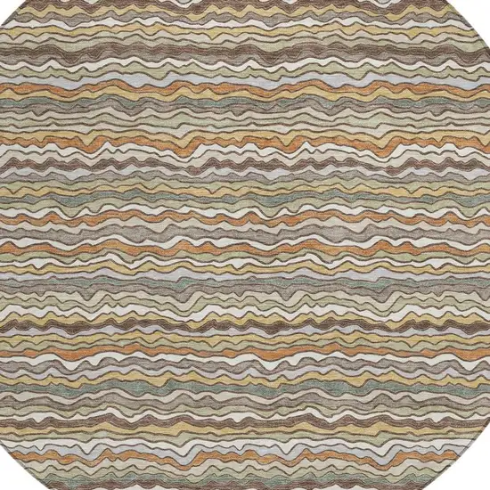 8' Taupe And Orange Round Striped Washable Indoor Outdoor Area Rug Photo 2