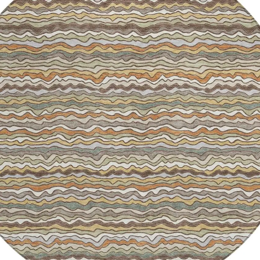8' Taupe And Orange Round Striped Washable Indoor Outdoor Area Rug Photo 2