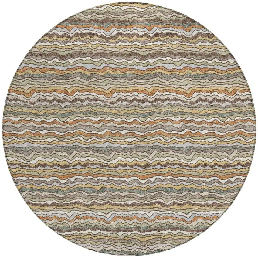 8' Taupe And Orange Round Striped Washable Indoor Outdoor Area Rug Photo 3