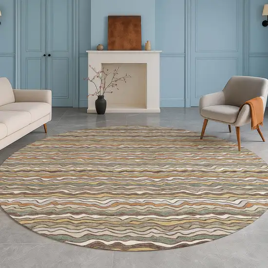 8' Taupe And Orange Round Striped Washable Indoor Outdoor Area Rug Photo 5