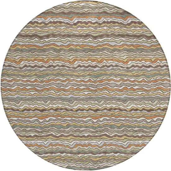 8' Taupe And Orange Round Striped Washable Indoor Outdoor Area Rug Photo 1