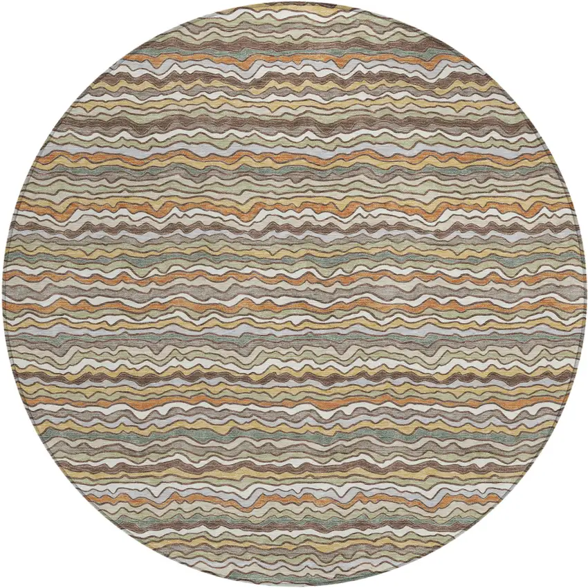 8' Taupe And Orange Round Striped Washable Indoor Outdoor Area Rug Photo 1