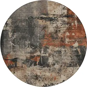 Photo of 8' Taupe And Rust Round Abstract Washable Indoor Outdoor Area Rug