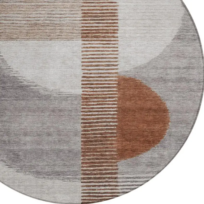 8' Taupe And Rust Round Geometric Washable Indoor Outdoor Area Rug Photo 4