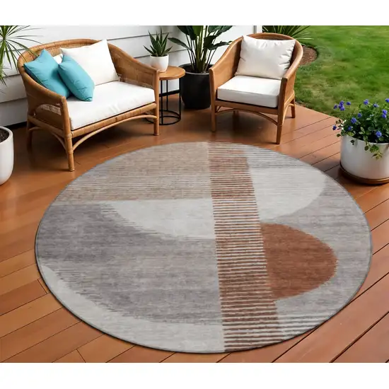 8' Taupe And Rust Round Geometric Washable Indoor Outdoor Area Rug Photo 2