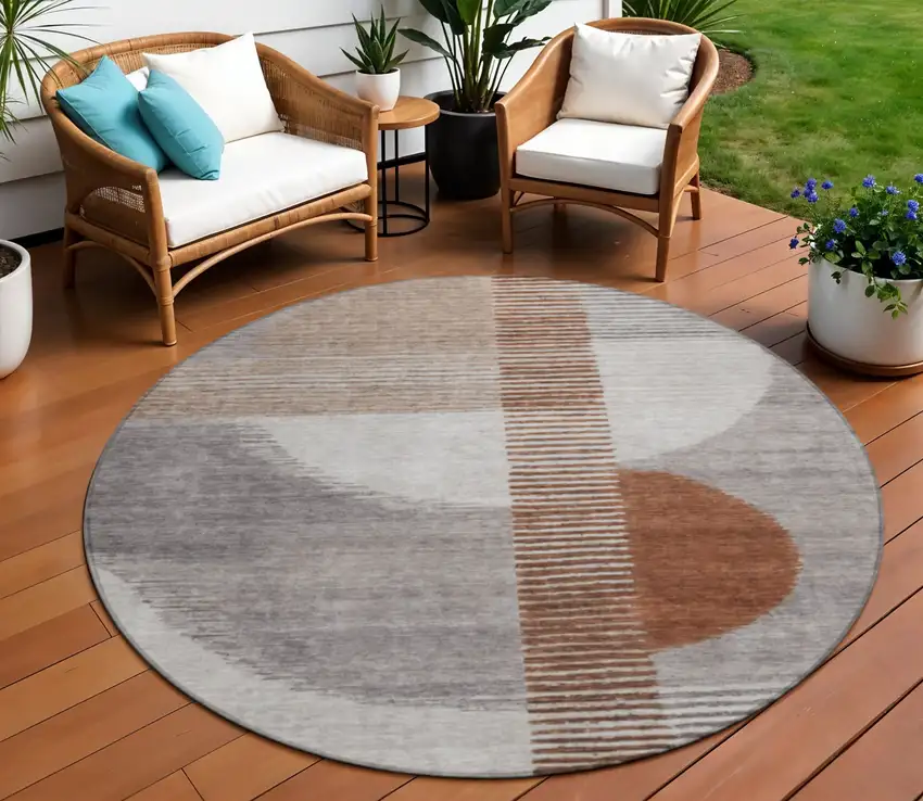 8' Taupe And Rust Round Geometric Washable Indoor Outdoor Area Rug Photo 2