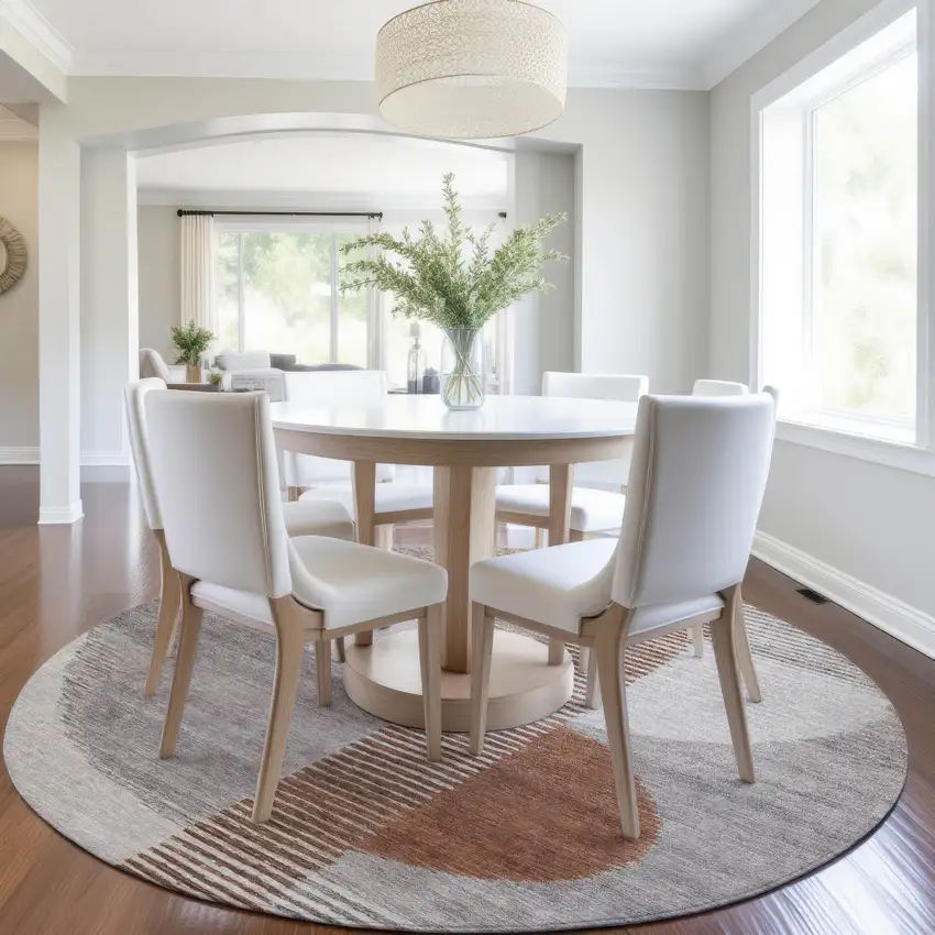 8' Taupe And Rust Round Geometric Washable Indoor Outdoor Area Rug Photo 7