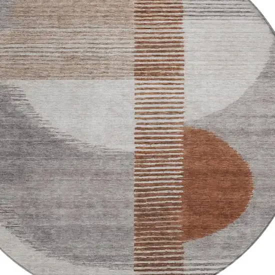 8' Taupe And Rust Round Geometric Washable Indoor Outdoor Area Rug Photo 9