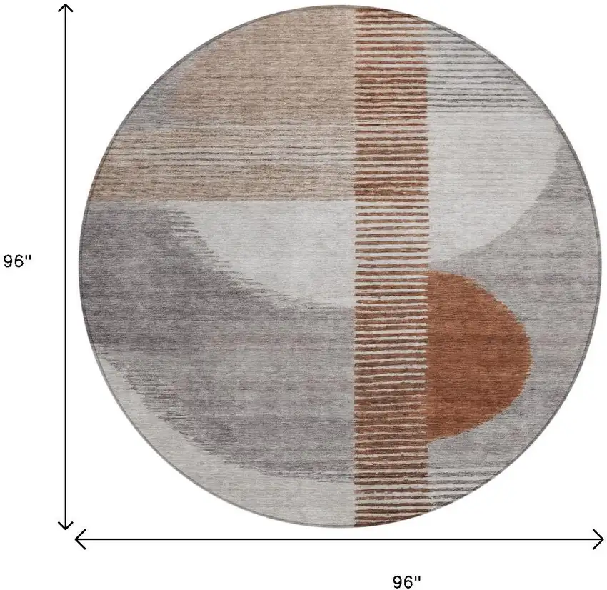 8' Taupe And Rust Round Geometric Washable Indoor Outdoor Area Rug Photo 9