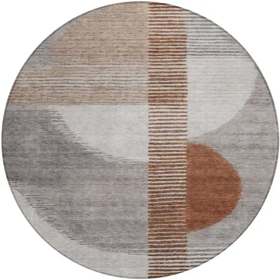 8' Taupe And Rust Round Geometric Washable Indoor Outdoor Area Rug Photo 1
