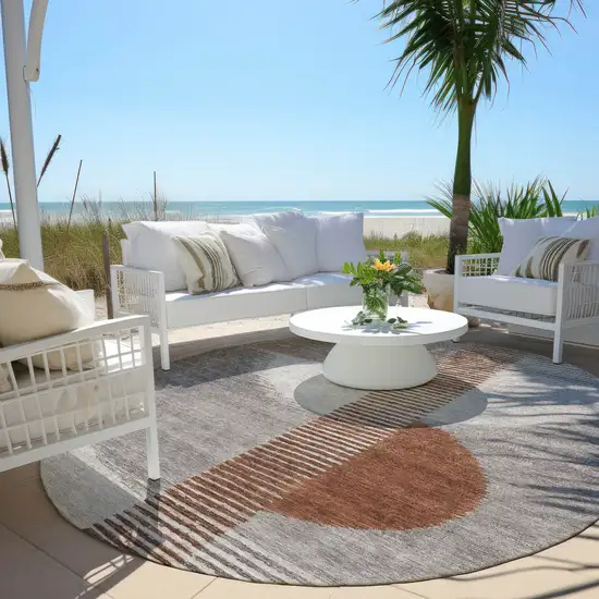 8' Taupe And Rust Round Geometric Washable Indoor Outdoor Area Rug Photo 6