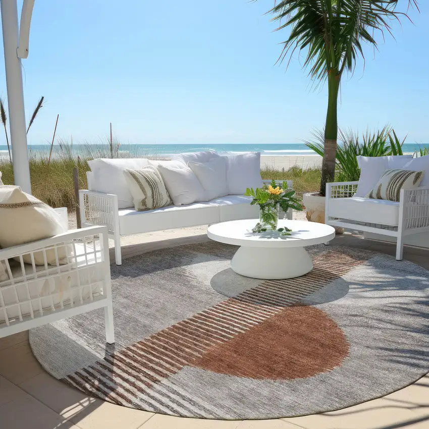 8' Taupe And Rust Round Geometric Washable Indoor Outdoor Area Rug Photo 6