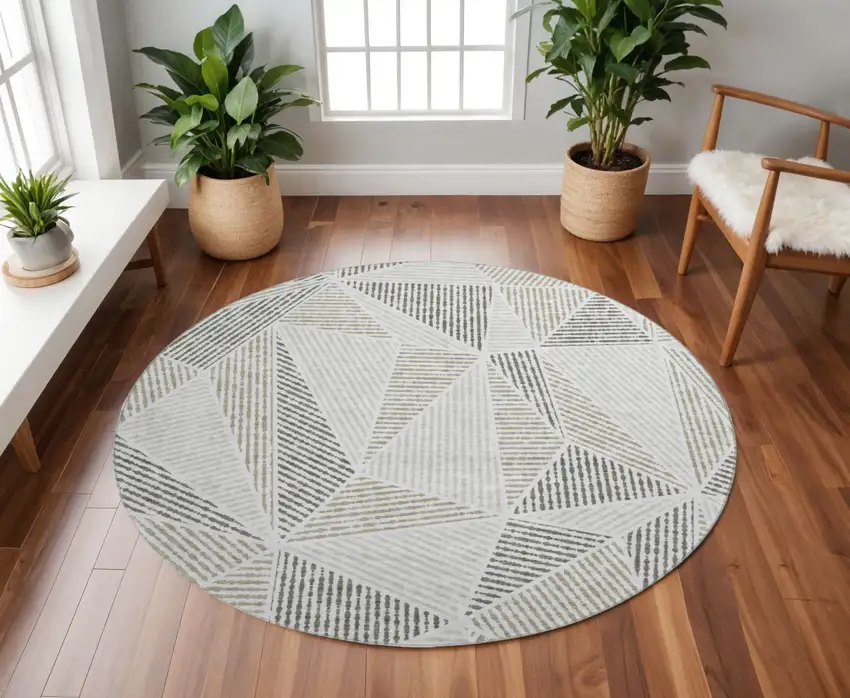 8' Taupe And Silver Geometric Washable Round Rug With UV Protection Photo 2
