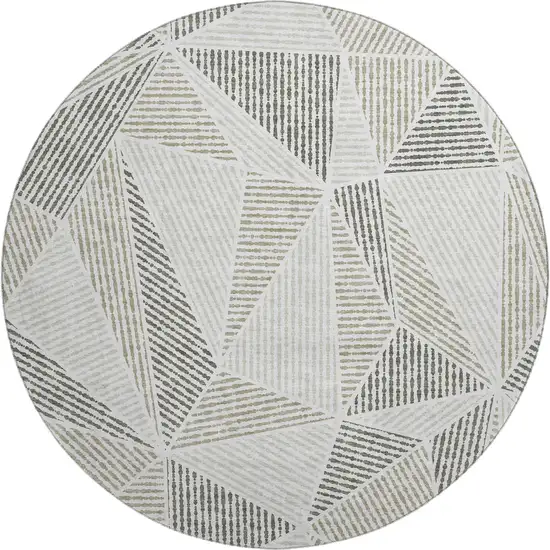 8' Taupe And Silver Geometric Washable Round Rug With UV Protection Photo 1