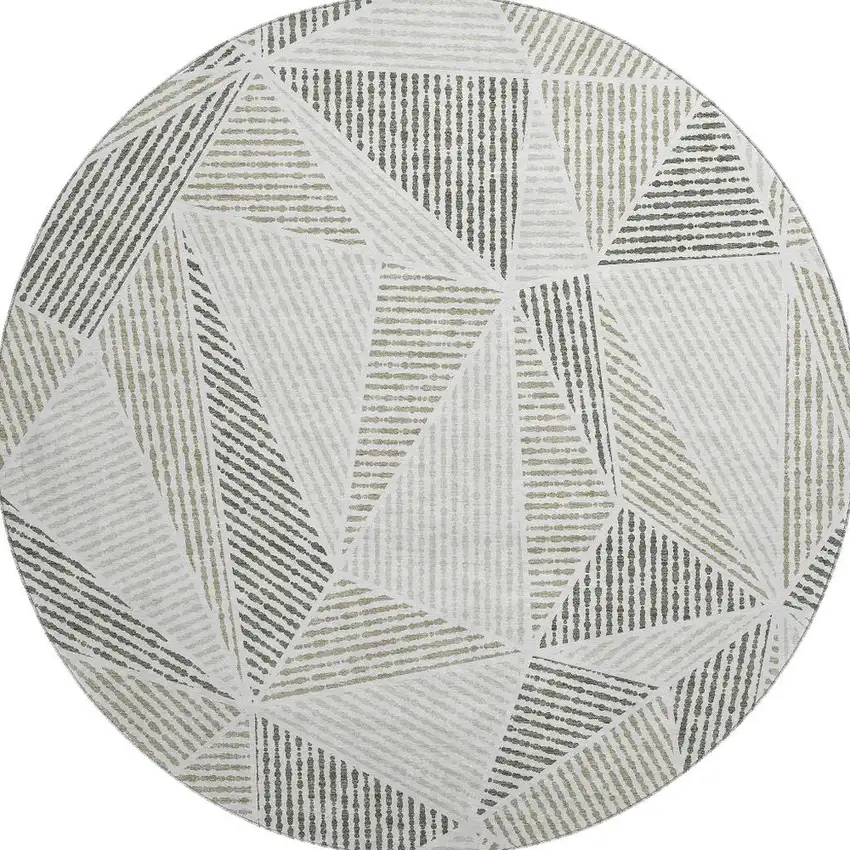 8' Taupe And Silver Geometric Washable Round Rug With UV Protection Photo 4