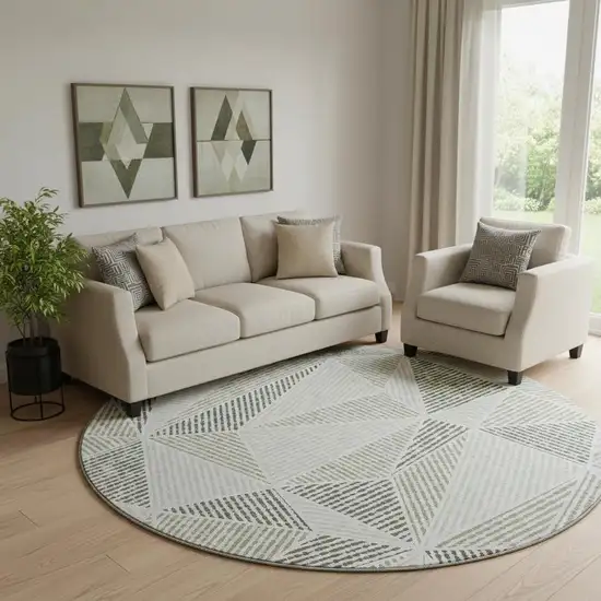 8' Taupe And Silver Geometric Washable Round Rug With UV Protection Photo 1