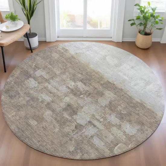 8' Taupe And Silver Round Abstract Washable Indoor Outdoor Area Rug Photo 7