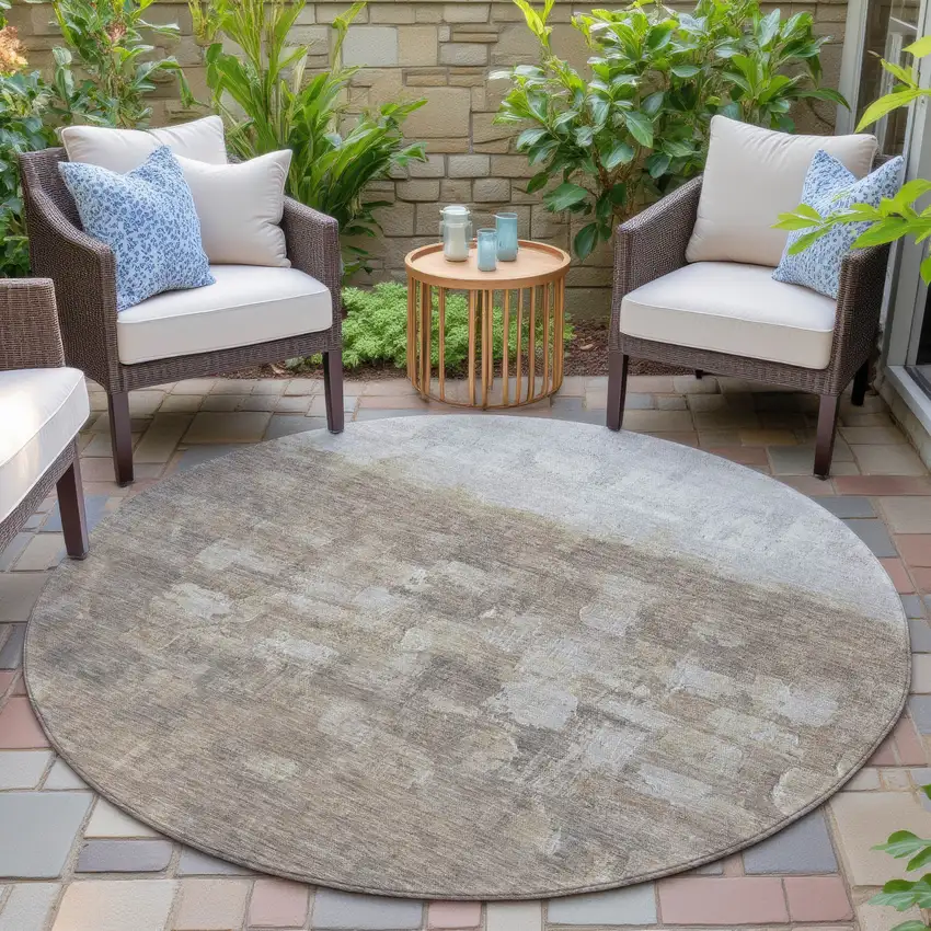 8' Taupe And Silver Round Abstract Washable Indoor Outdoor Area Rug Photo 6