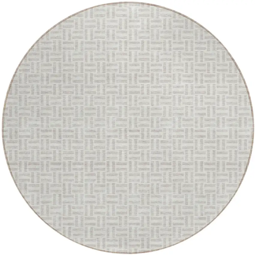 8' Taupe And Silver Round Geometric Washable Indoor Outdoor Area Rug Photo 2