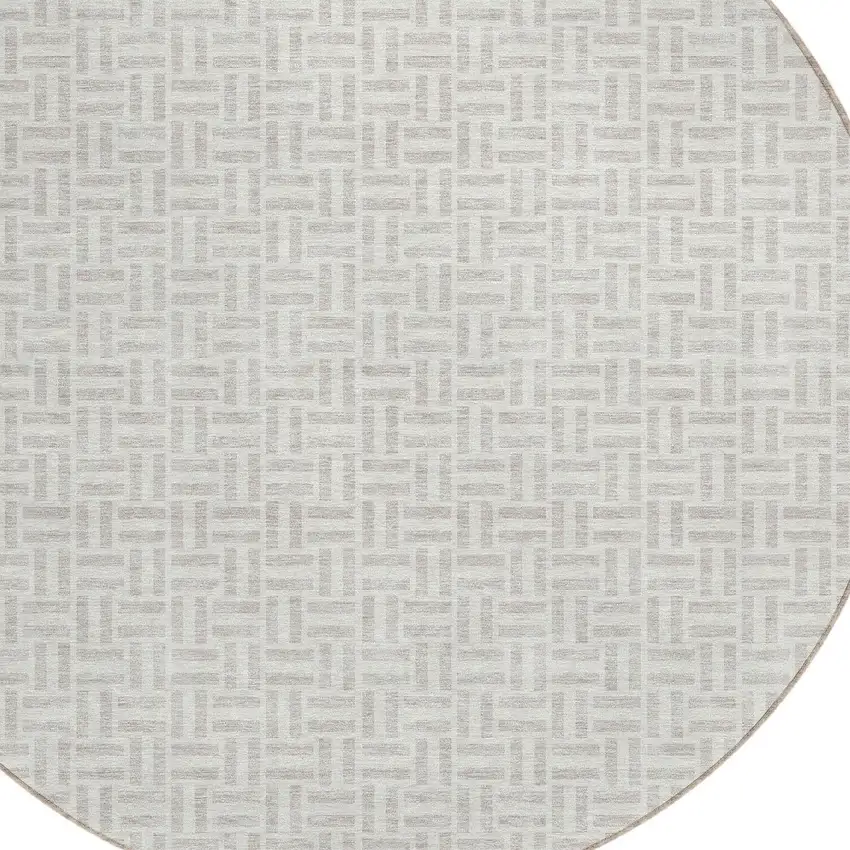 8' Taupe And Silver Round Geometric Washable Indoor Outdoor Area Rug Photo 4