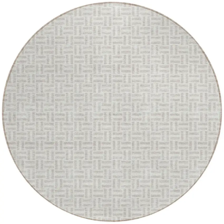 8' Taupe And Silver Round Geometric Washable Indoor Outdoor Area Rug Photo 5