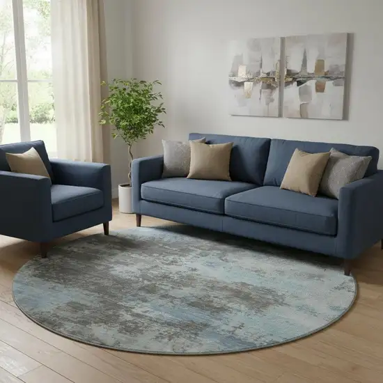 8' Taupe And Sky Blue Abstract Washable Round Rug With UV Protection Photo 2