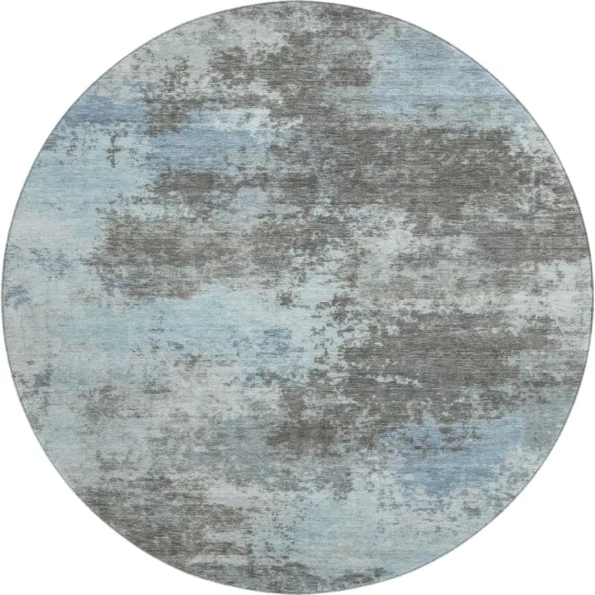 8' Taupe And Sky Blue Abstract Washable Round Rug With UV Protection Photo 1