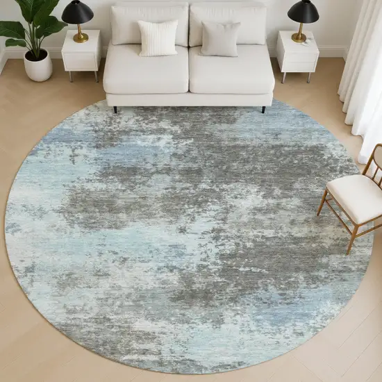 8' Taupe And Sky Blue Abstract Washable Round Rug With UV Protection Photo 5
