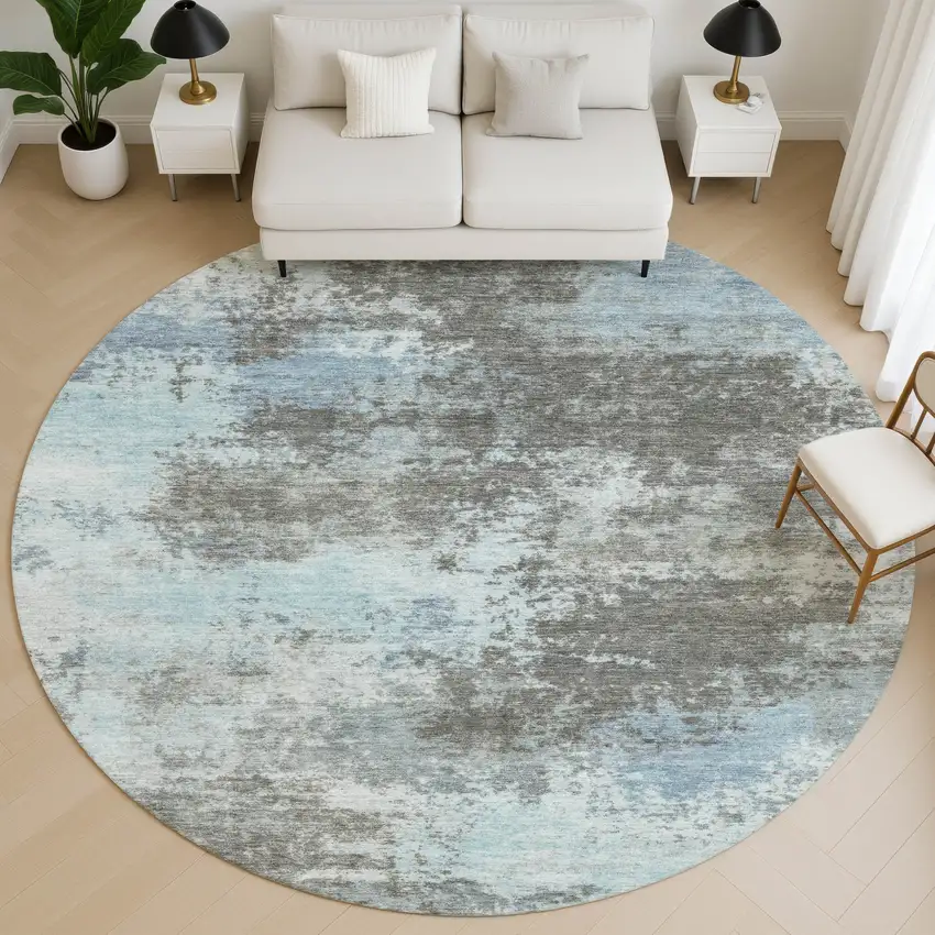 8' Taupe And Sky Blue Abstract Washable Round Rug With UV Protection Photo 5