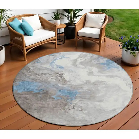 8' Taupe And Sky Blue Round Abstract Washable Indoor Outdoor Area Rug Photo 2