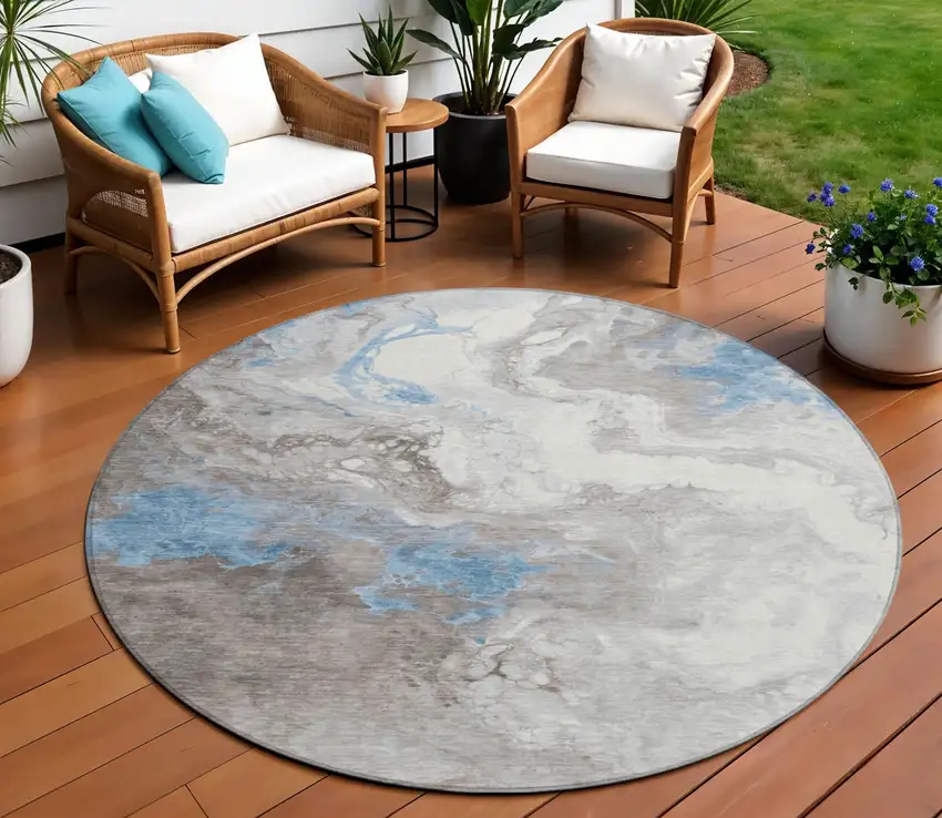 8' Taupe And Sky Blue Round Abstract Washable Indoor Outdoor Area Rug Photo 2