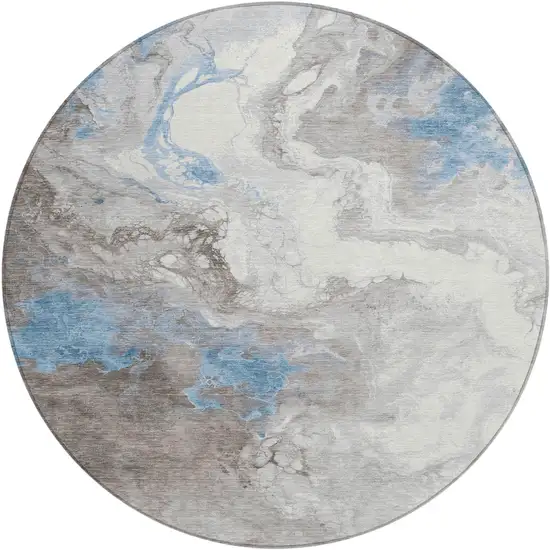 8' Taupe And Sky Blue Round Abstract Washable Indoor Outdoor Area Rug Photo 1