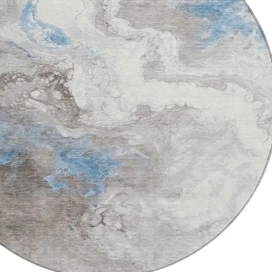 8' Taupe And Sky Blue Round Abstract Washable Indoor Outdoor Area Rug Photo 9