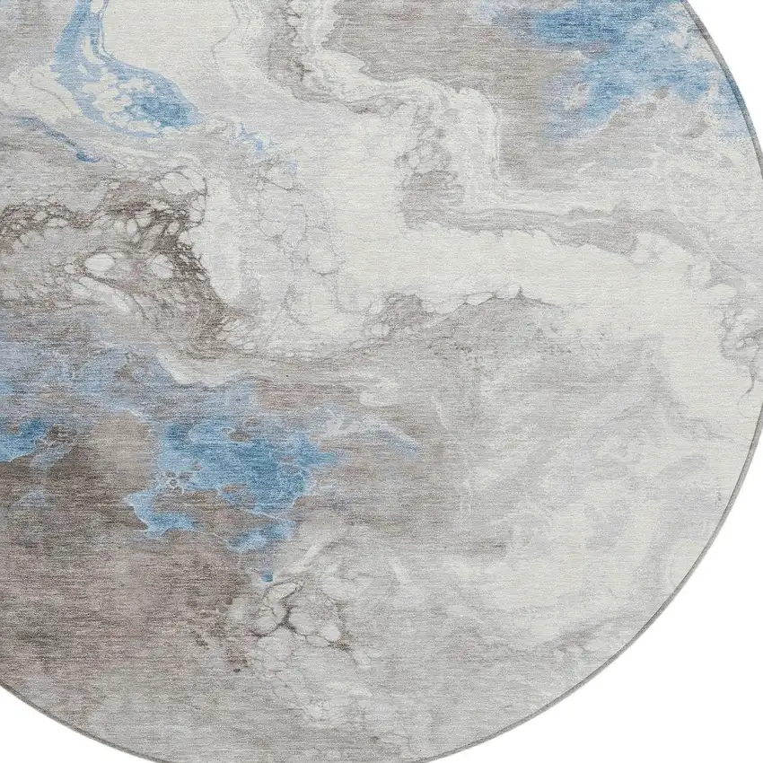 8' Taupe And Sky Blue Round Abstract Washable Indoor Outdoor Area Rug Photo 9